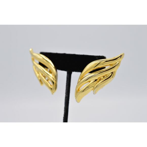 Givenchy Vintage Clip Earrings Shiny Gold Winged Heavy Chunky Signed Runway BinW - Picture 2 of 10